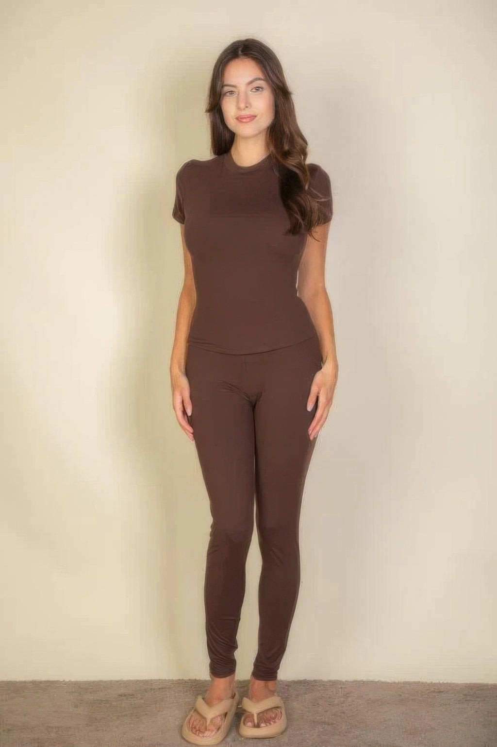Basic Solid Leggings in Coffee brown, front view, slim tapered legs