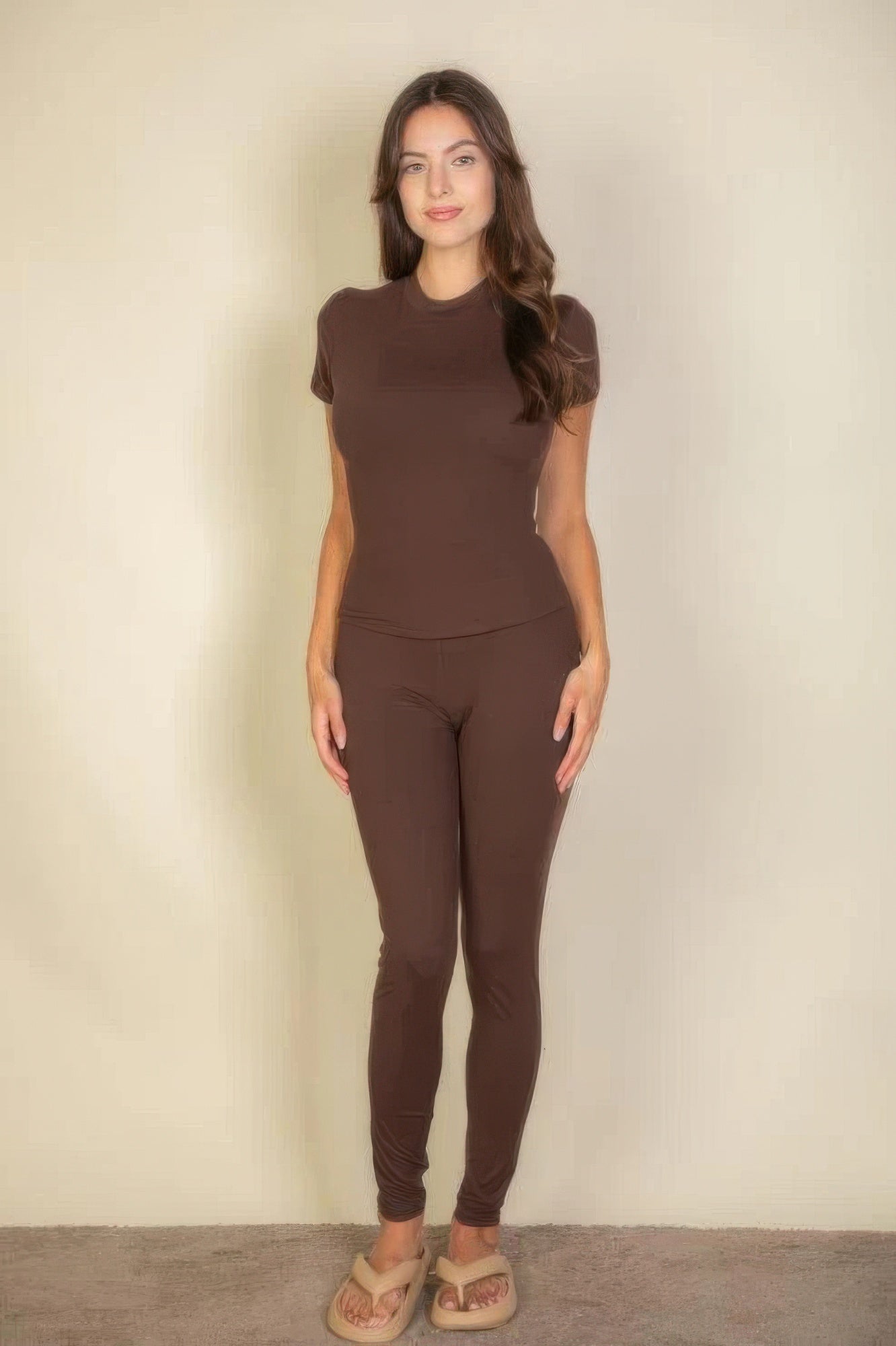 Basic Solid Leggings in Coffee brown, front view, slim tapered legs