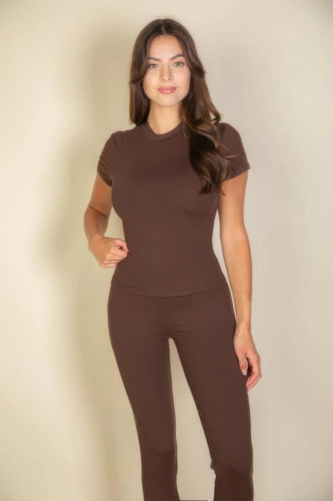 Basic Solid Leggings in Coffee brown, front view showing elastic waist