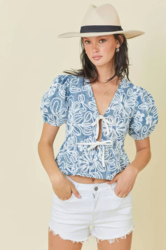 Embroidered Crop Top With Front Tie Detail - Tigbul's Variety Fashion Shop