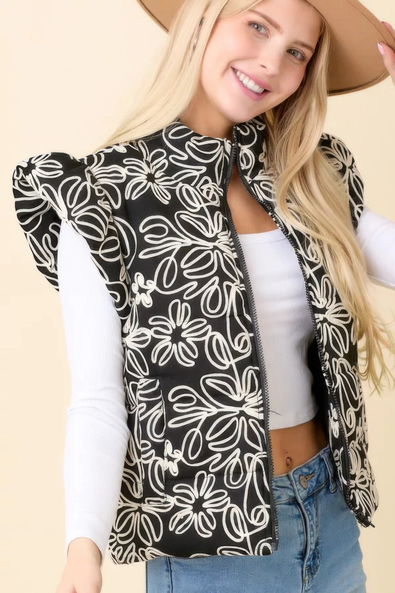 Floral Velvet Embroidered Denim Puffer Vest - Tigbul's Variety Fashion Shop