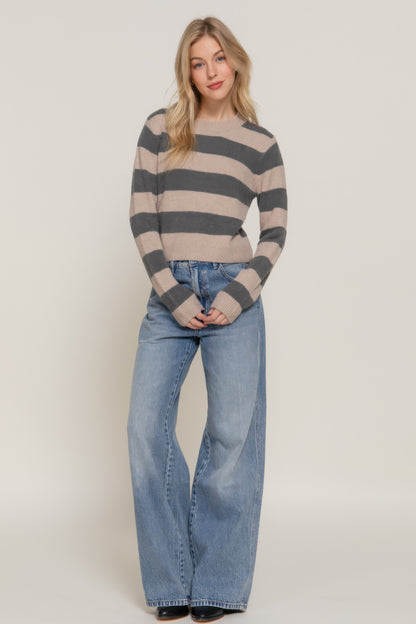 Long Slv Crew Neck Stripe Sweater - Tigbul's Variety Fashion Shop