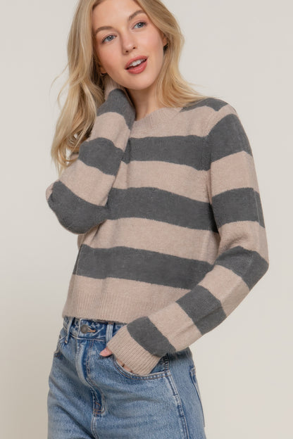 Long Slv Crew Neck Stripe Sweater - Tigbul's Variety Fashion Shop