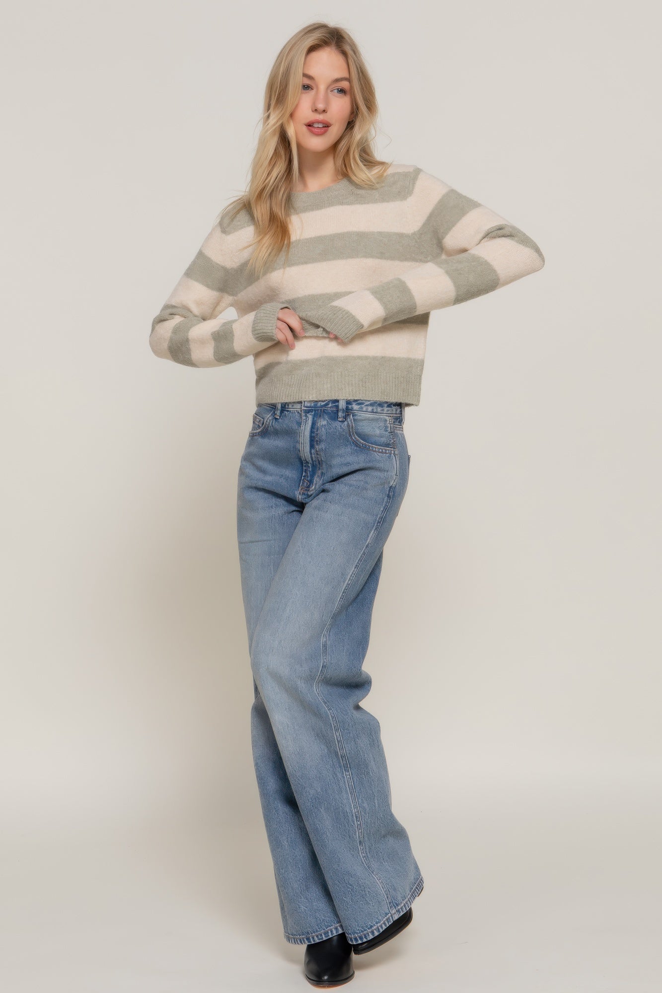 Long Slv Crew Neck Stripe Sweater - Tigbul's Variety Fashion Shop