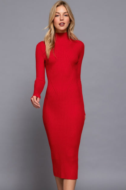 Long Sleeve High Neck Sweater Long Dress - Tigbul's Variety Fashion Shop