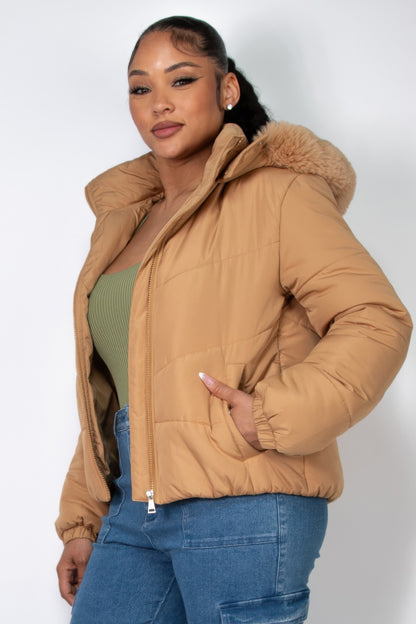 Insulated Zip-up Faux Fur Hooded Jacket - Tigbul's Variety Fashion Shop