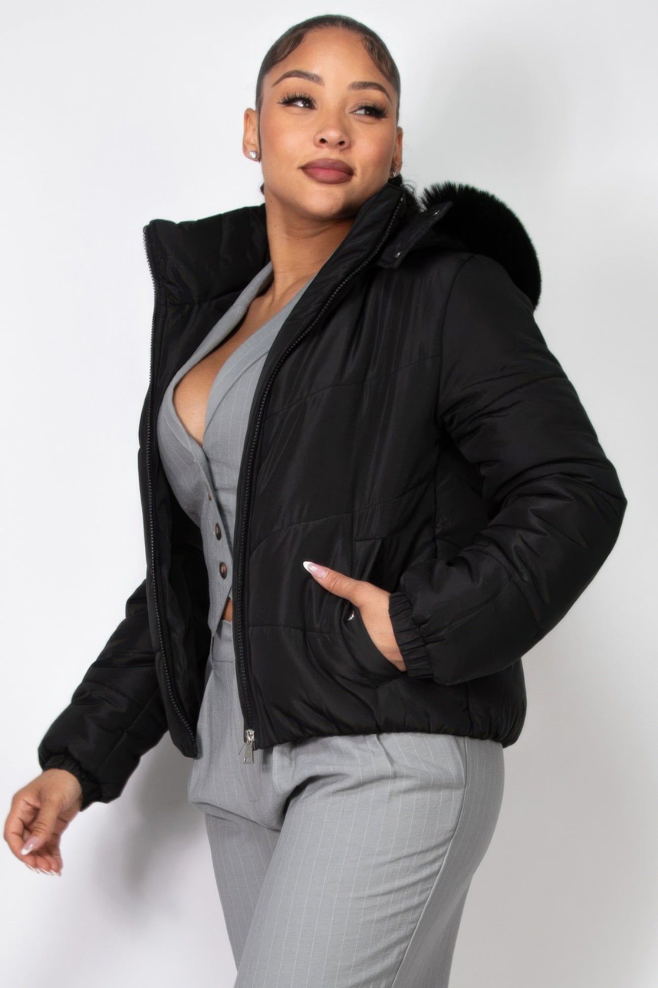 Insulated Zip-up Faux Fur Hooded Jacket - Tigbul's Variety Fashion Shop