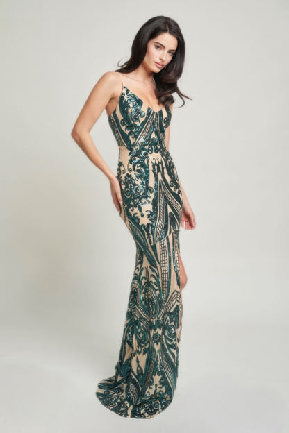 Spaghetti Strap Art Deco Sequins Maxi Dress - Tigbul's Variety Fashion Shop