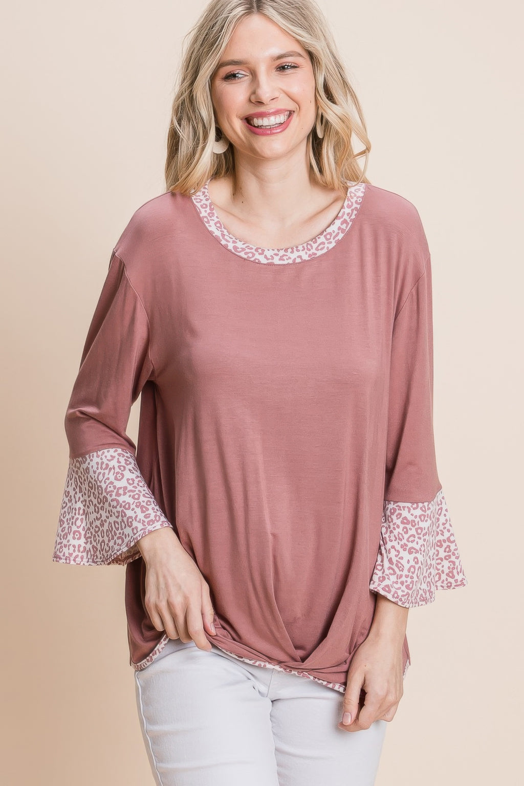 Mauve fashion top with animal-print contrast bell sleeves and gathered front hem