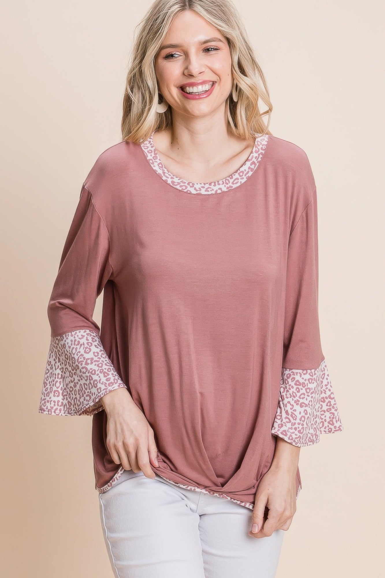 Mauve fashion top with animal-print contrast bell sleeves and gathered front hem