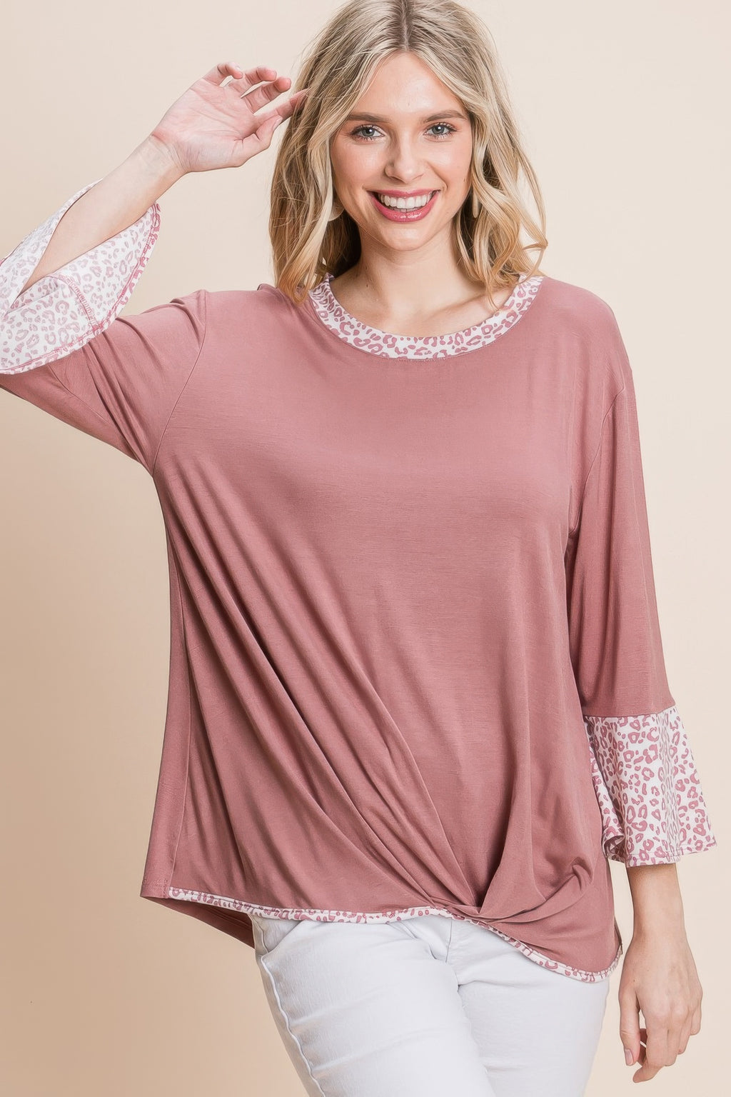 Mauve contrast top with round neck, animal-print flared cuffs, gathered hem tie