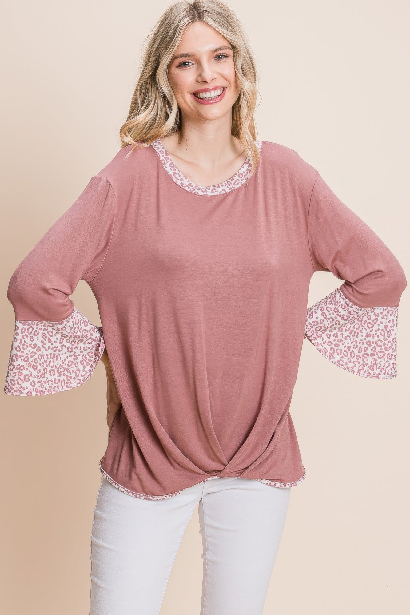 Mauve long-sleeve top with animal-print neckline trim, bell sleeves, gathered hem tie