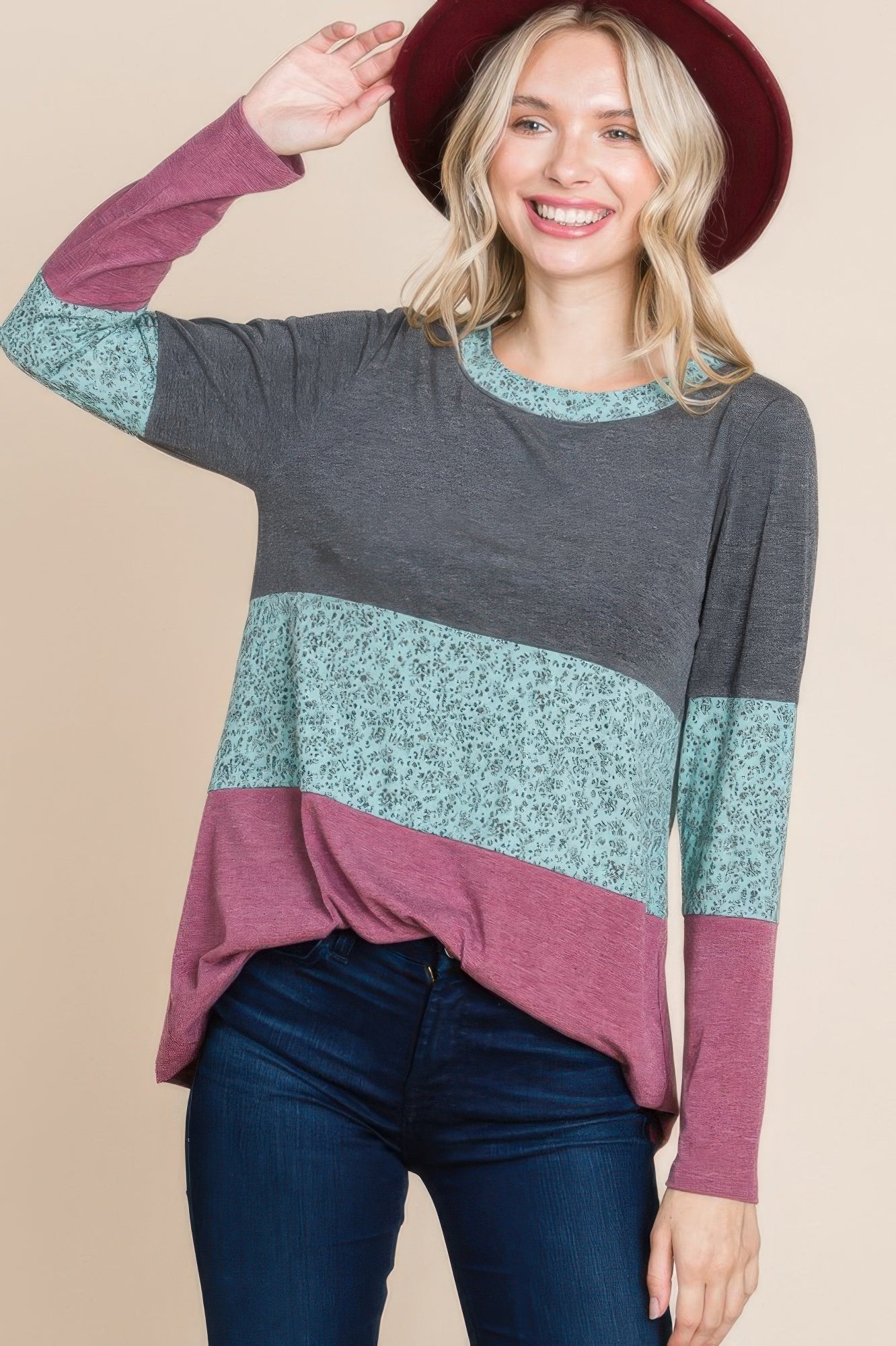 Colorblock Floral Contrast Long Sleeve Top - Tigbul's Variety Fashion Shop