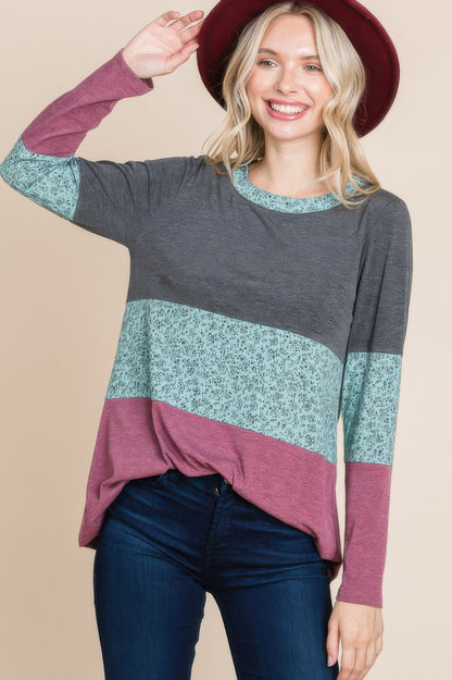 Colorblock Floral Contrast Long Sleeve Top - Tigbul's Variety Fashion Shop