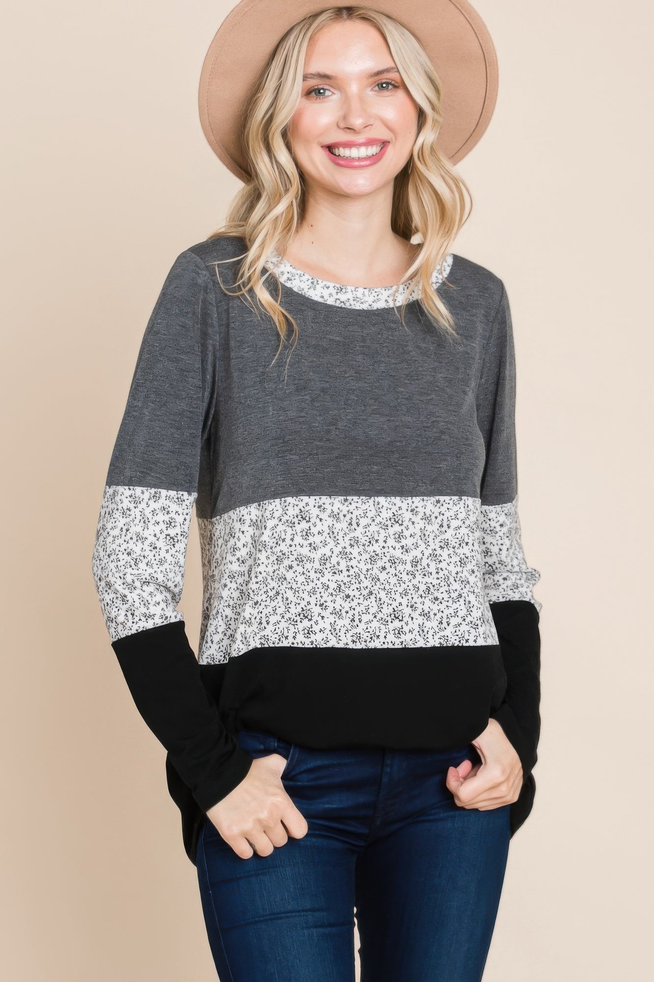 Colorblock Floral Contrast Long Sleeve Top - Tigbul's Variety Fashion Shop