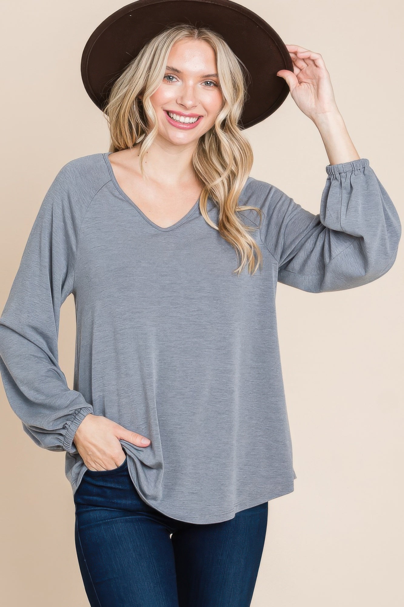 Casual V Neck Basic Long Sleeve Top - Tigbul's Variety Fashion Shop