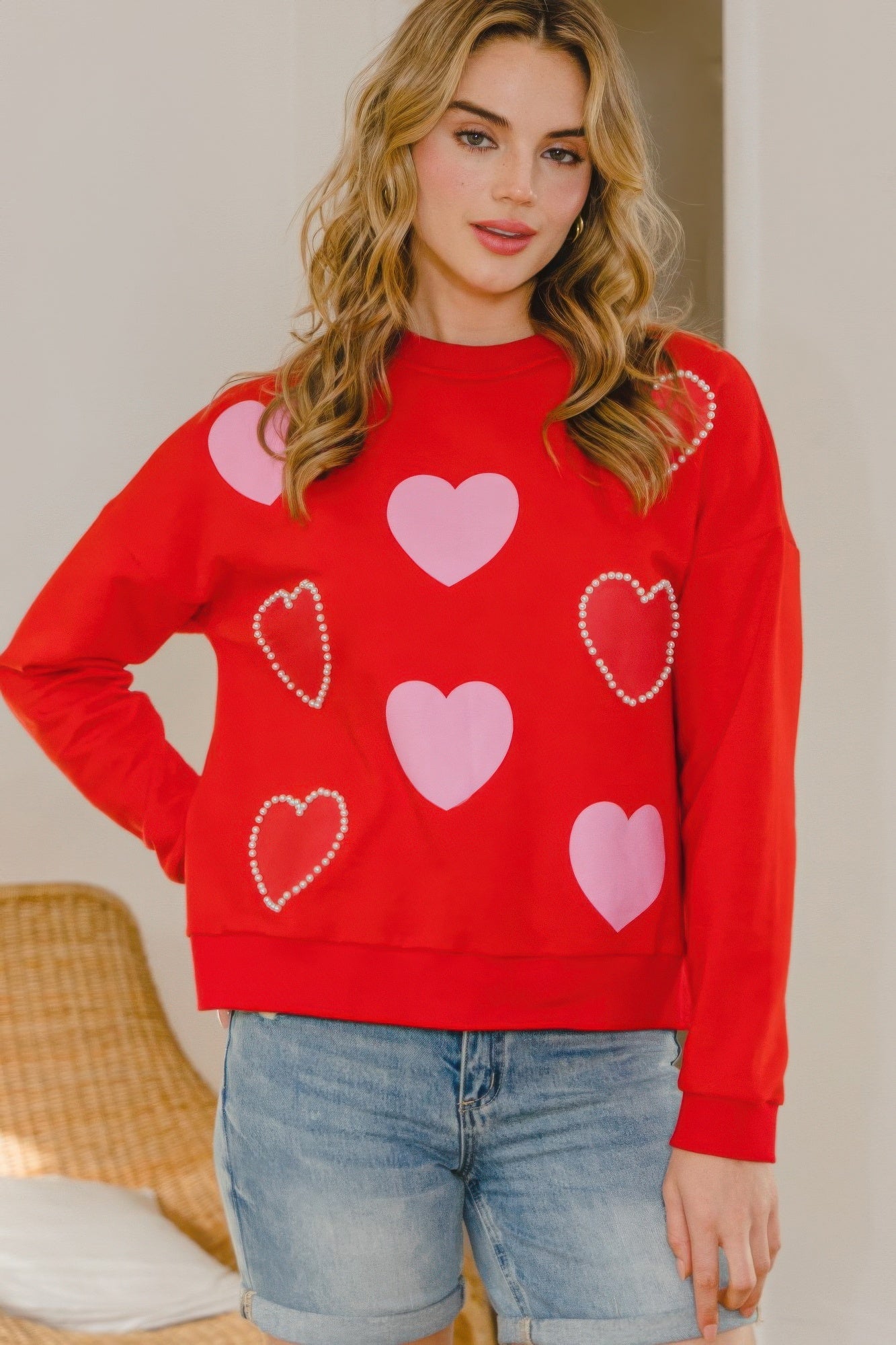 Heart Pattern With Pearl Embellished Sweatshirts - Tigbul's Variety Fashion Shop