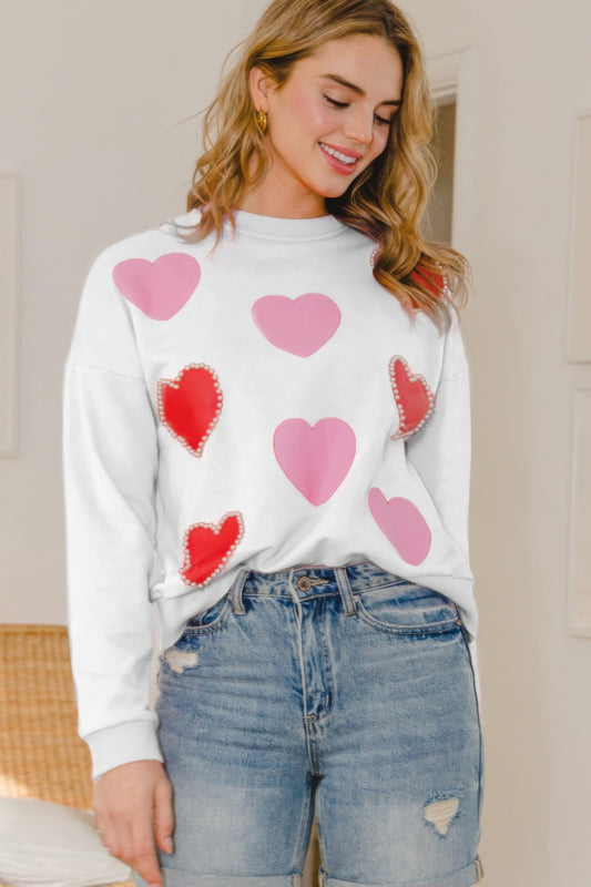 Heart Pattern With Pearl Embellished Sweatshirts - Tigbul's Variety Fashion Shop