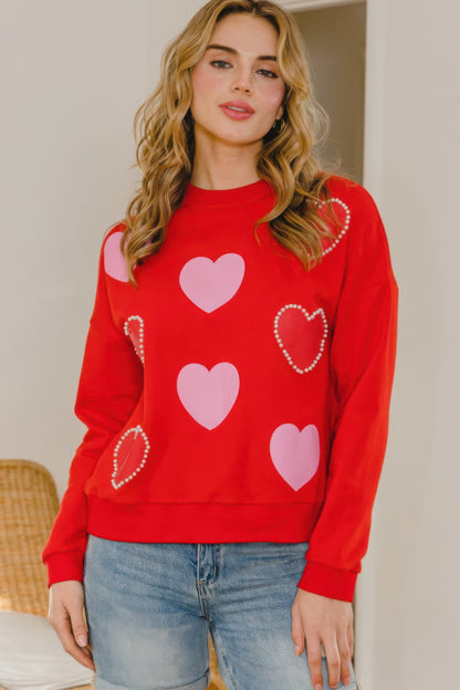 Heart Pattern With Pearl Embellished Sweatshirts - Tigbul's Variety Fashion Shop