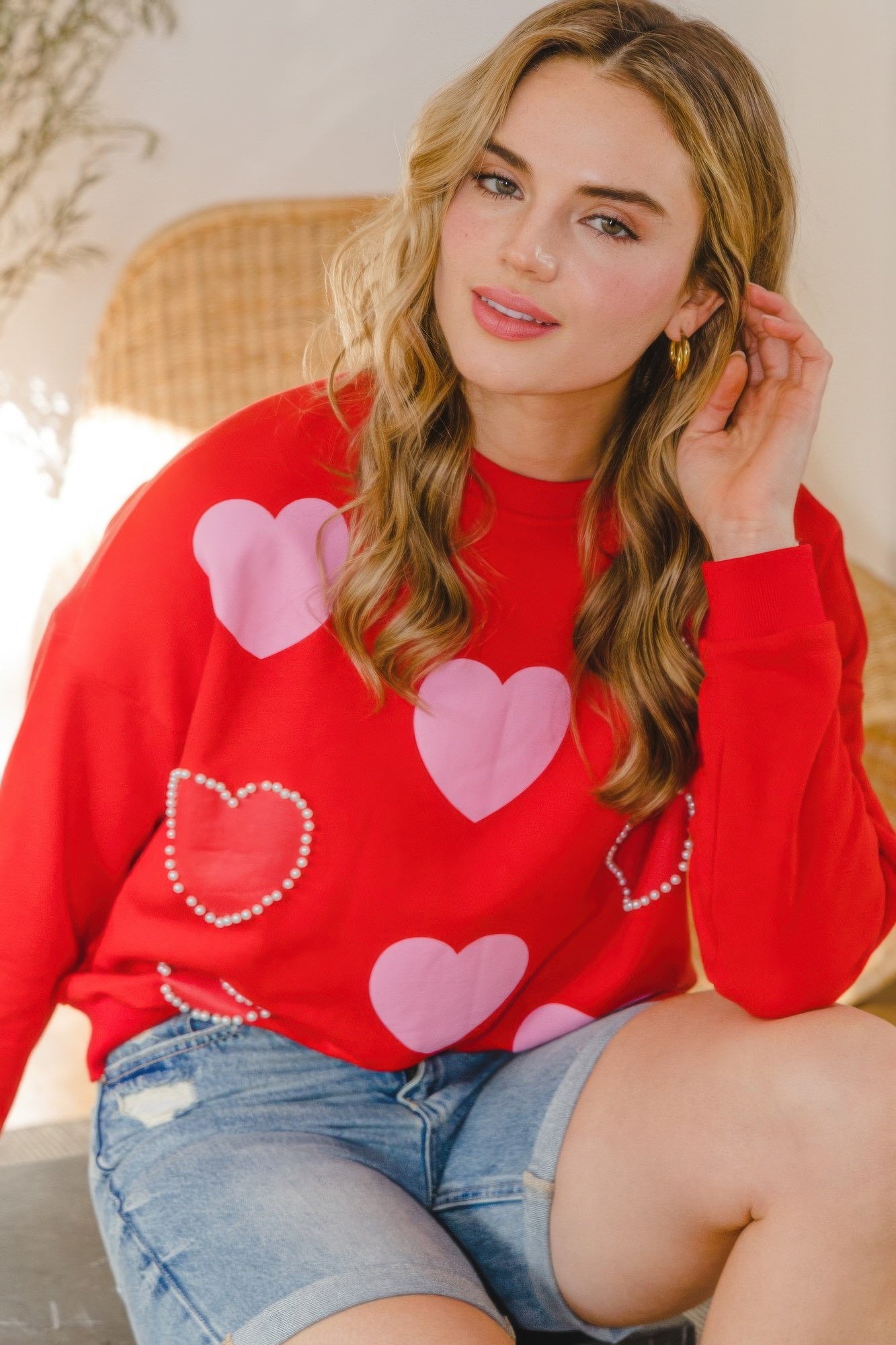 Heart Pattern With Pearl Embellished Sweatshirts - Tigbul's Variety Fashion Shop