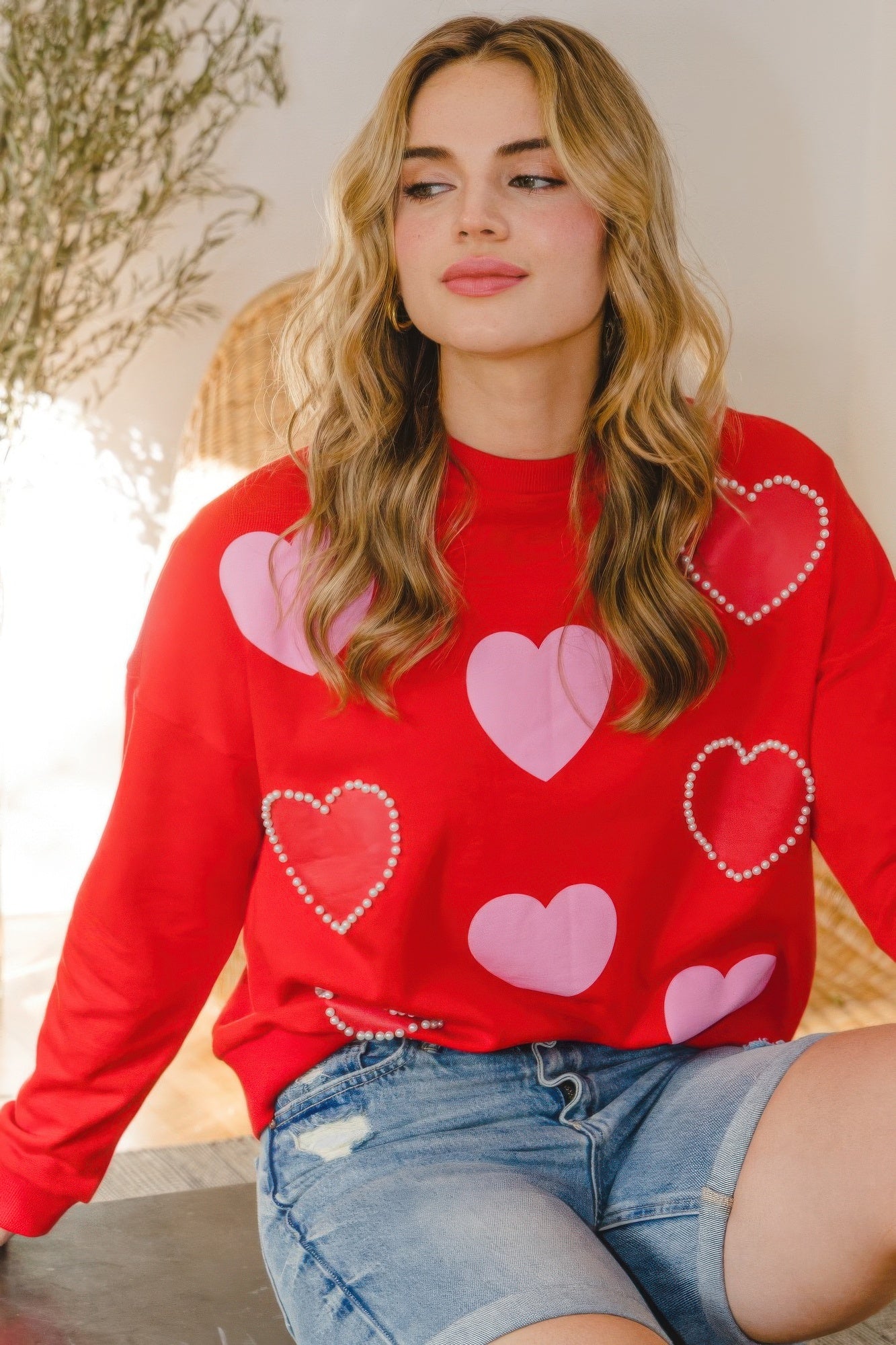 Heart Pattern With Pearl Embellished Sweatshirts - Tigbul's Variety Fashion Shop