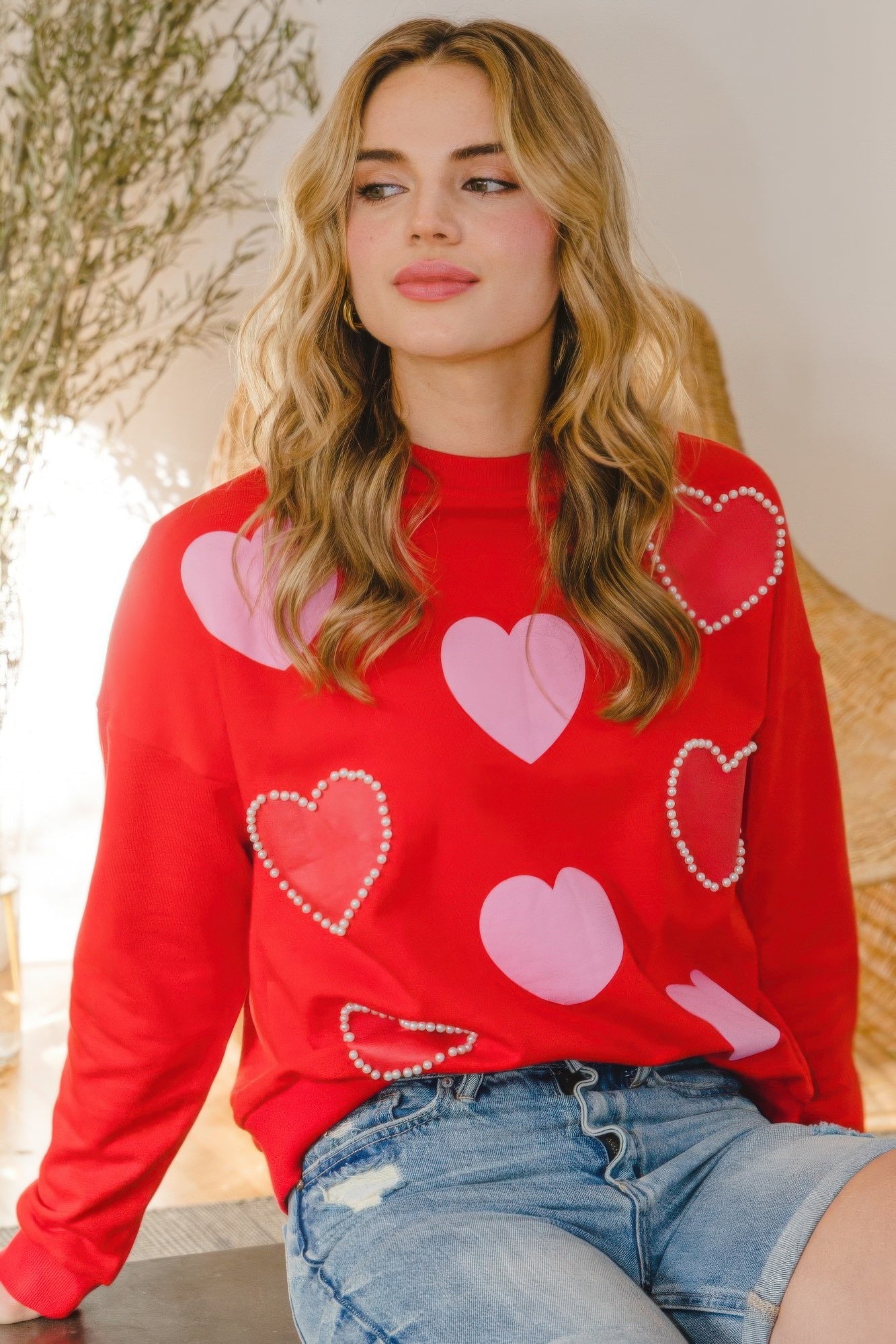 Heart Pattern With Pearl Embellished Sweatshirts - Tigbul's Variety Fashion Shop