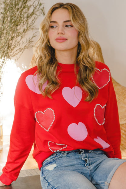 Heart Pattern With Pearl Embellished Sweatshirts - Tigbul's Variety Fashion Shop