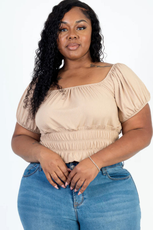Plus size casual ruched puff sleeve ribbed knit solid top - Tigbul's Variety Fashion Shop