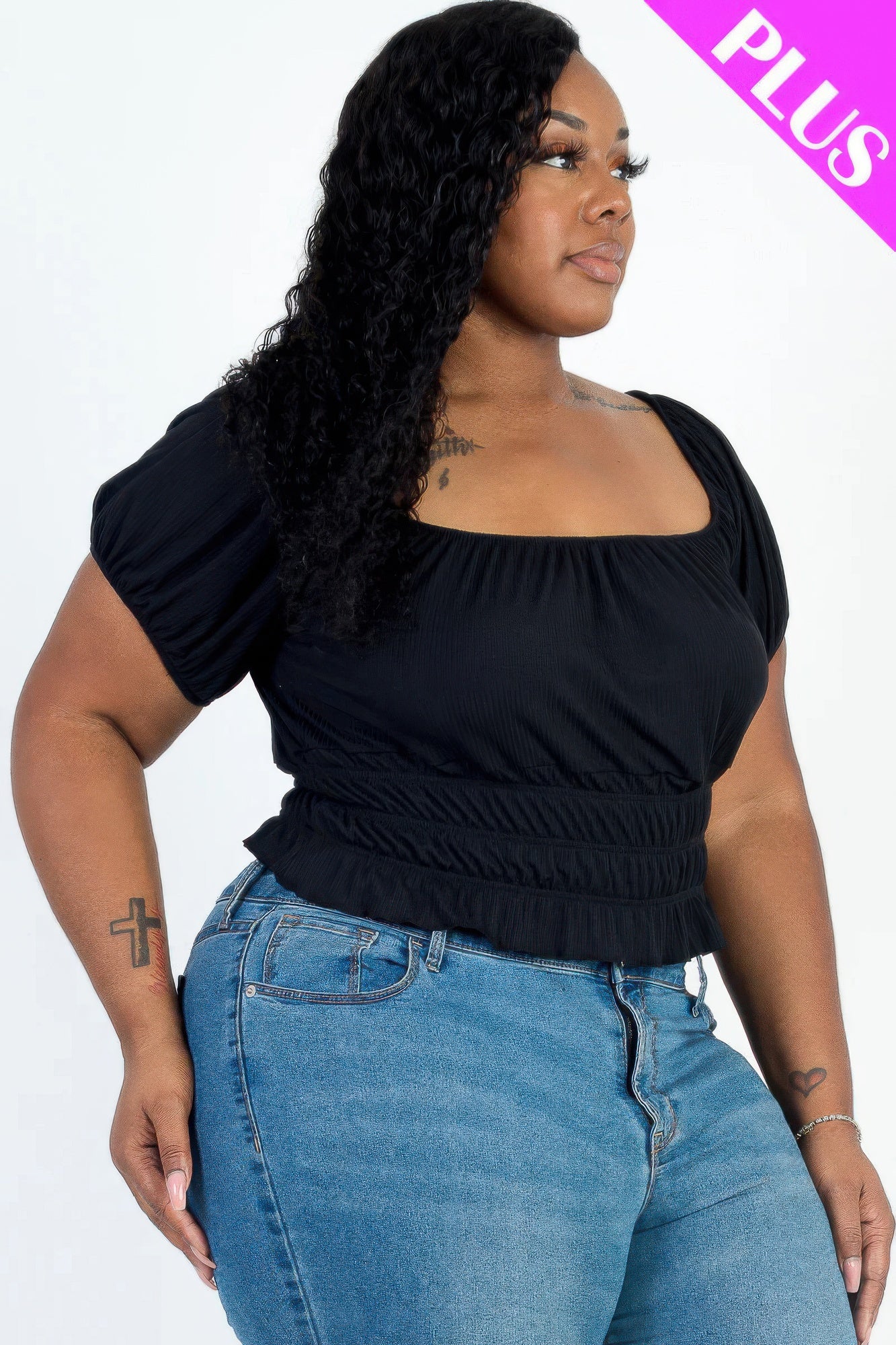 Black knit ruched top with square neckline and puff sleeves