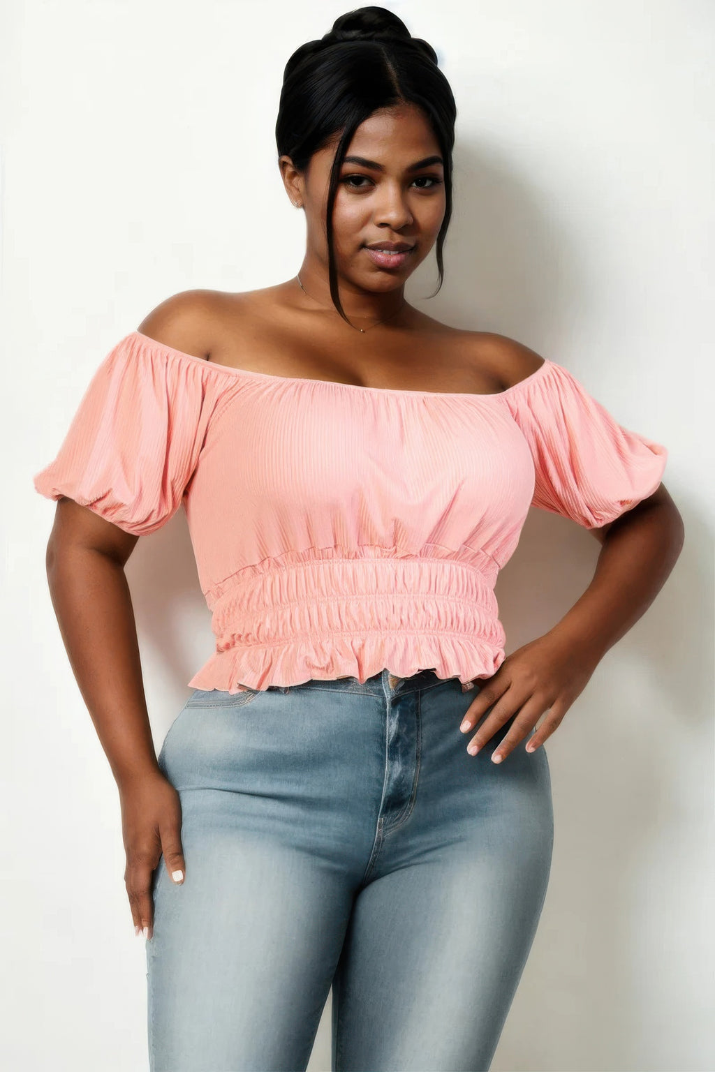 Plus size casual ruched puff sleeve ribbed knit solid top - Tigbul's Variety Fashion Shop