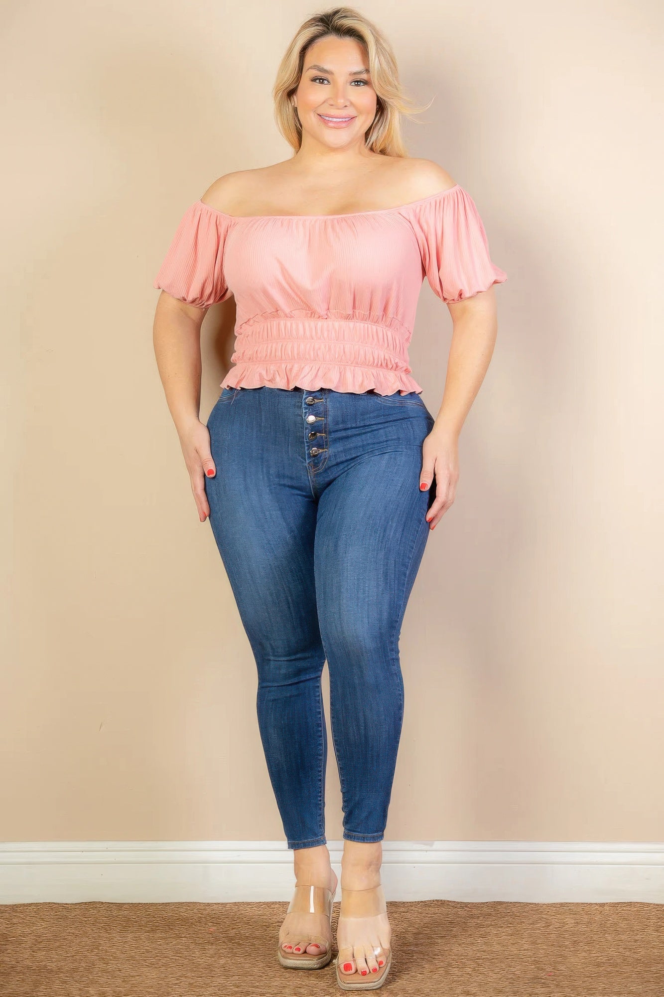 Blush knit top with puff sleeves and smocked ruched waist, solid color