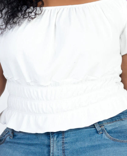 Plus size casual ruched puff sleeve ribbed knit solid top - Tigbul's Variety Fashion Shop
