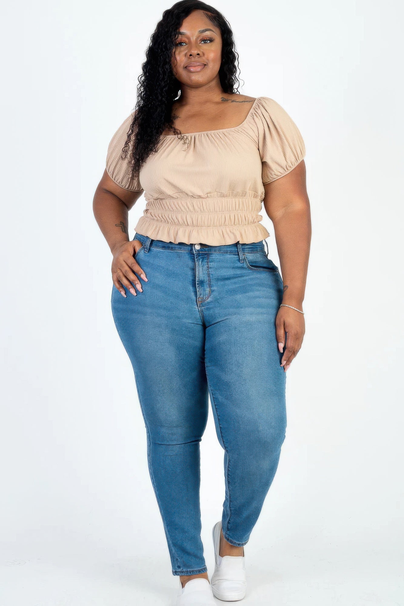 Plus size casual ruched puff sleeve ribbed knit solid top - Tigbul's Variety Fashion Shop