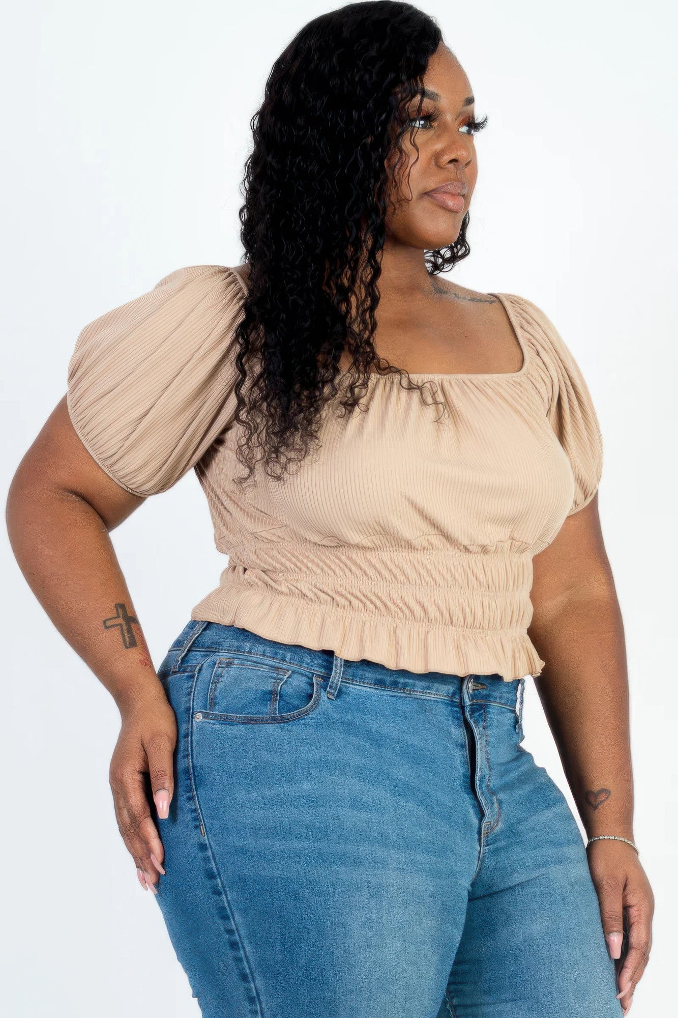 Plus size casual ruched puff sleeve ribbed knit solid top - Tigbul's Variety Fashion Shop