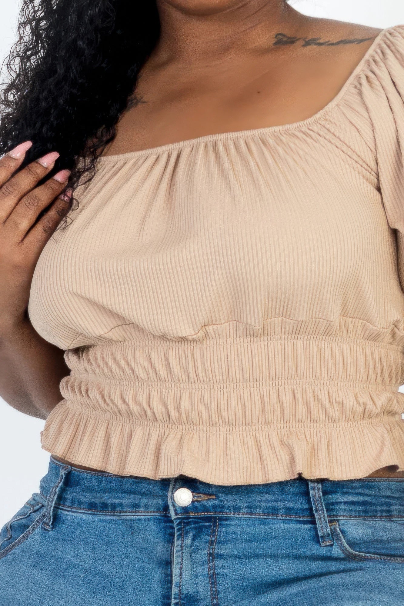 Plus size casual ruched puff sleeve ribbed knit solid top - Tigbul's Variety Fashion Shop