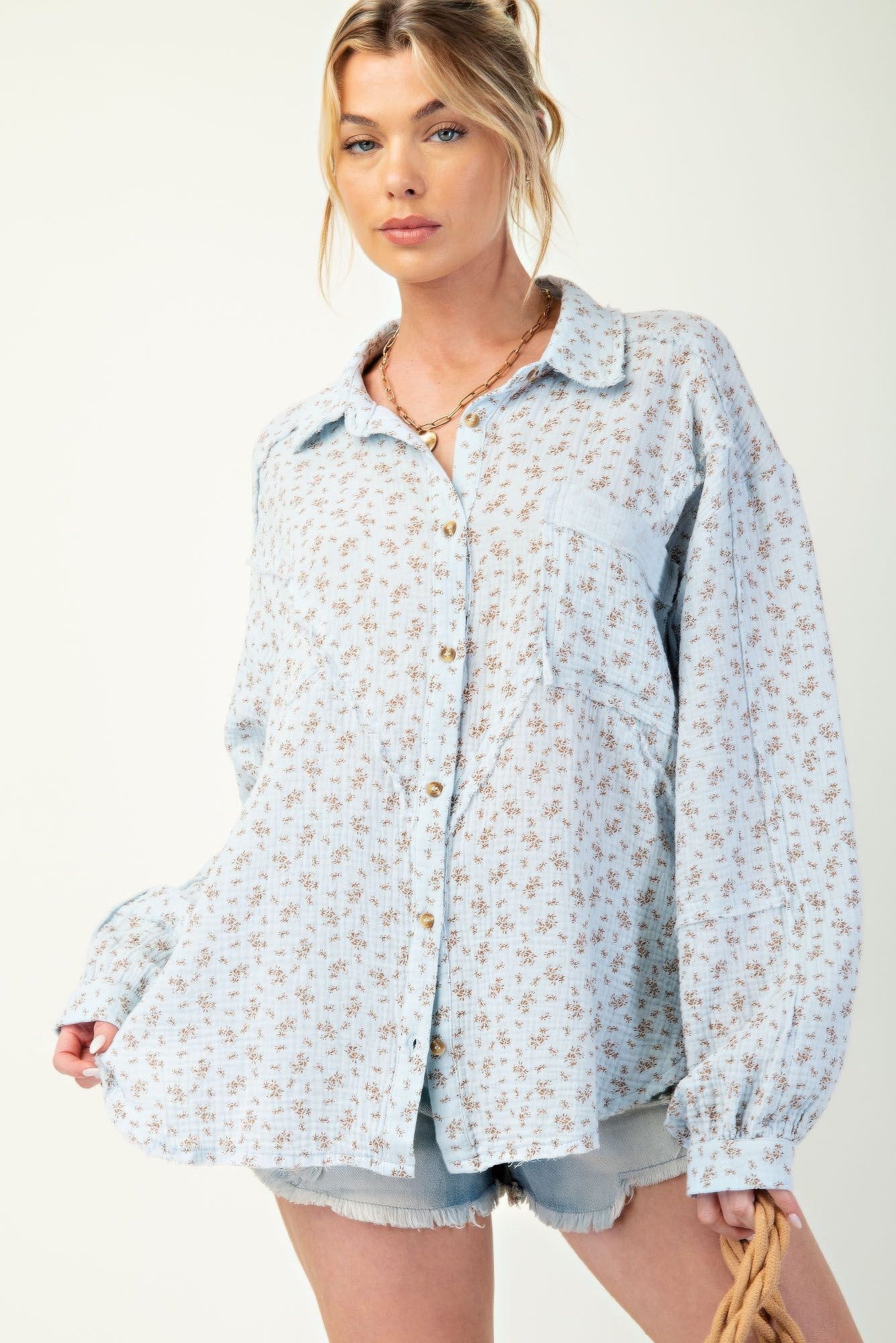 Printed cotton gauze button down woven shirt - Tigbul's Variety Fashion Shop