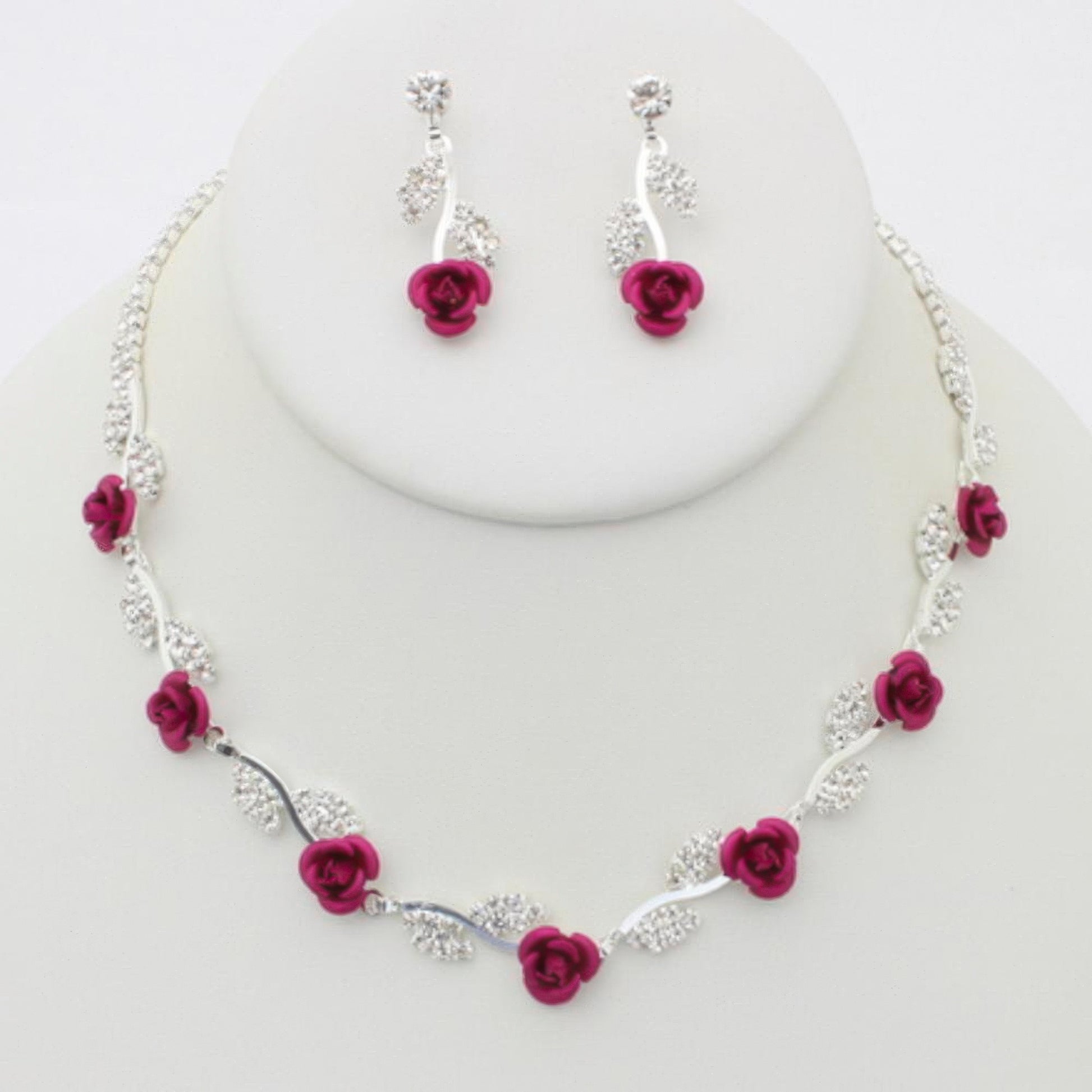 Rhinestone Rose Necklace Earring Set - Tigbul's Variety Fashion Shop