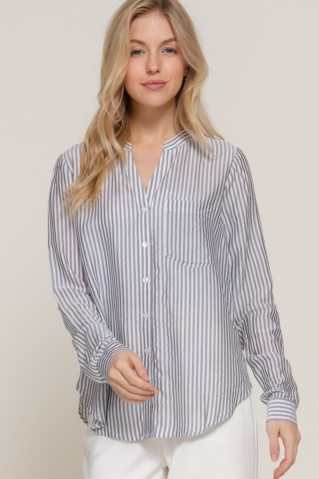 Long Slv Split Round Neck Stripe Woven Shirt - Tigbul's Variety Fashion Shop