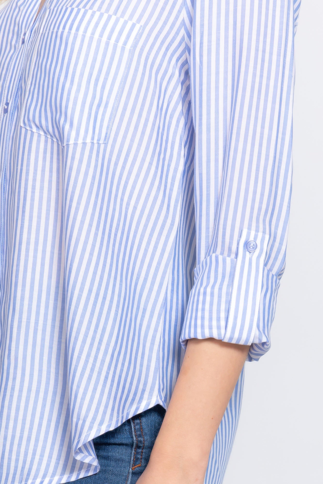 Long Slv Split Round Neck Stripe Woven Shirt - Tigbul's Variety Fashion Shop