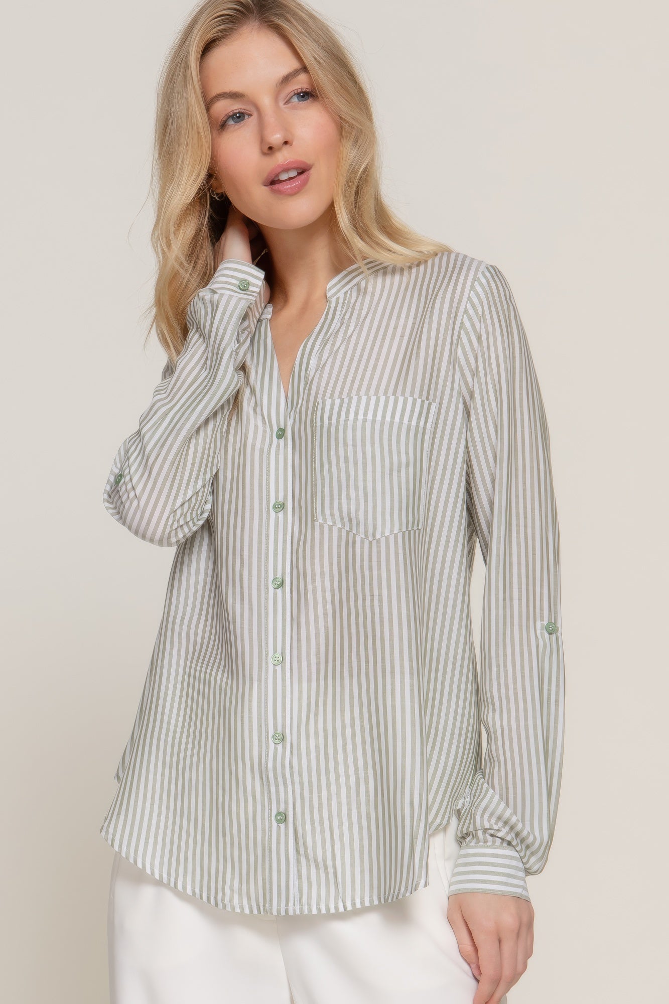 Long Slv Split Round Neck Stripe Woven Shirt - Tigbul's Variety Fashion Shop