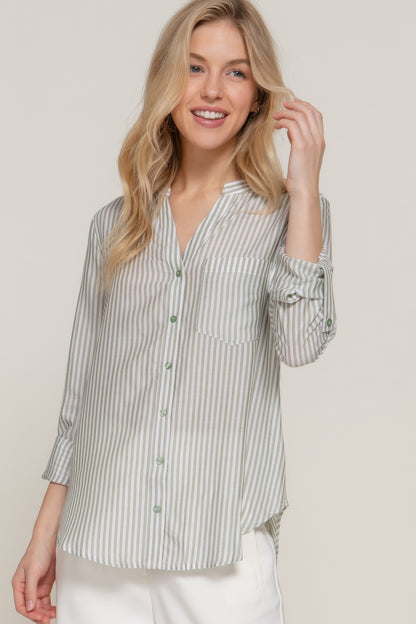 Long Slv Split Round Neck Stripe Woven Shirt - Tigbul's Variety Fashion Shop