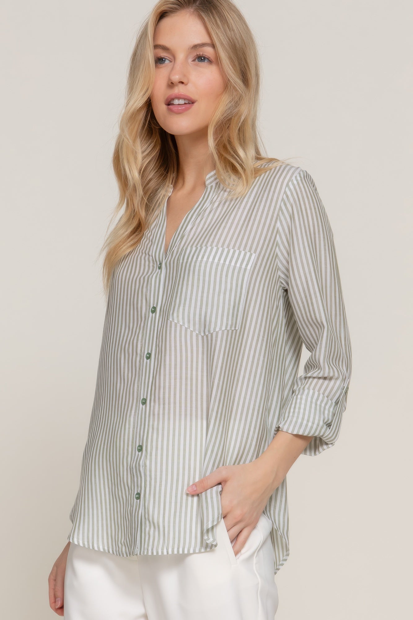 Long Slv Split Round Neck Stripe Woven Shirt - Tigbul's Variety Fashion Shop