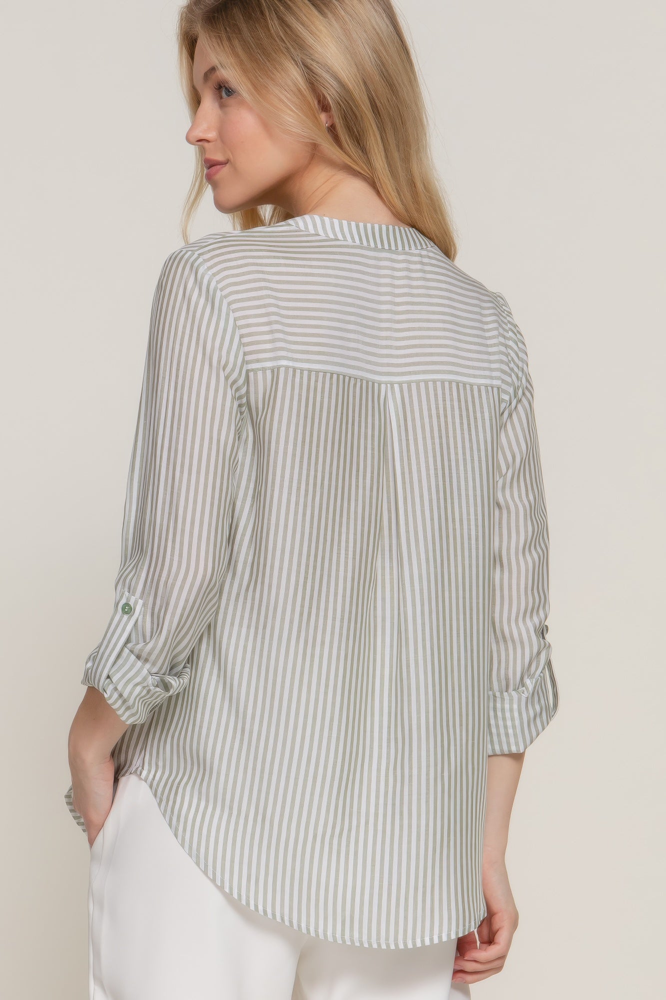 Long Slv Split Round Neck Stripe Woven Shirt - Tigbul's Variety Fashion Shop