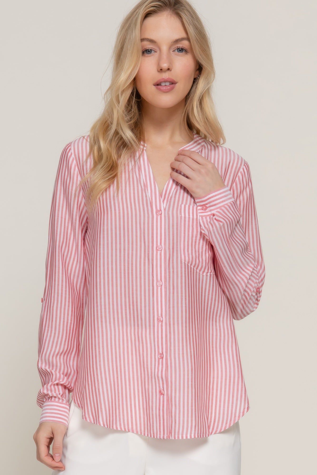 Long Slv Split Round Neck Stripe Woven Shirt - Tigbul's Variety Fashion Shop