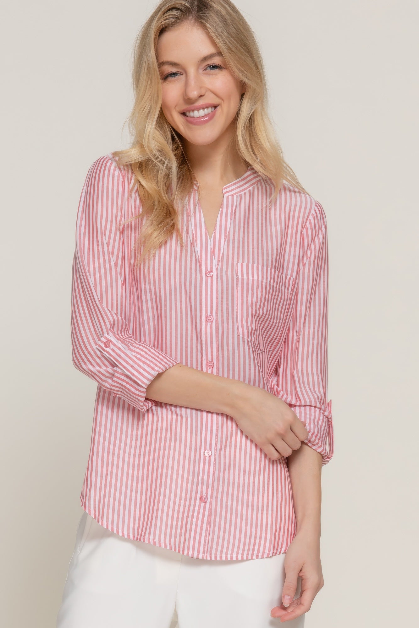 Long Slv Split Round Neck Stripe Woven Shirt - Tigbul's Variety Fashion Shop