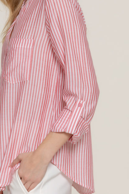 Long Slv Split Round Neck Stripe Woven Shirt - Tigbul's Variety Fashion Shop