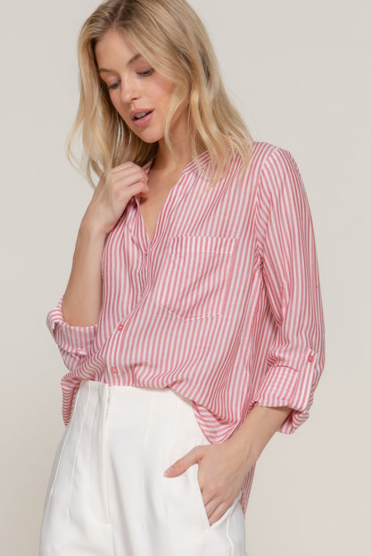 Long Slv Split Round Neck Stripe Woven Shirt - Tigbul's Variety Fashion Shop