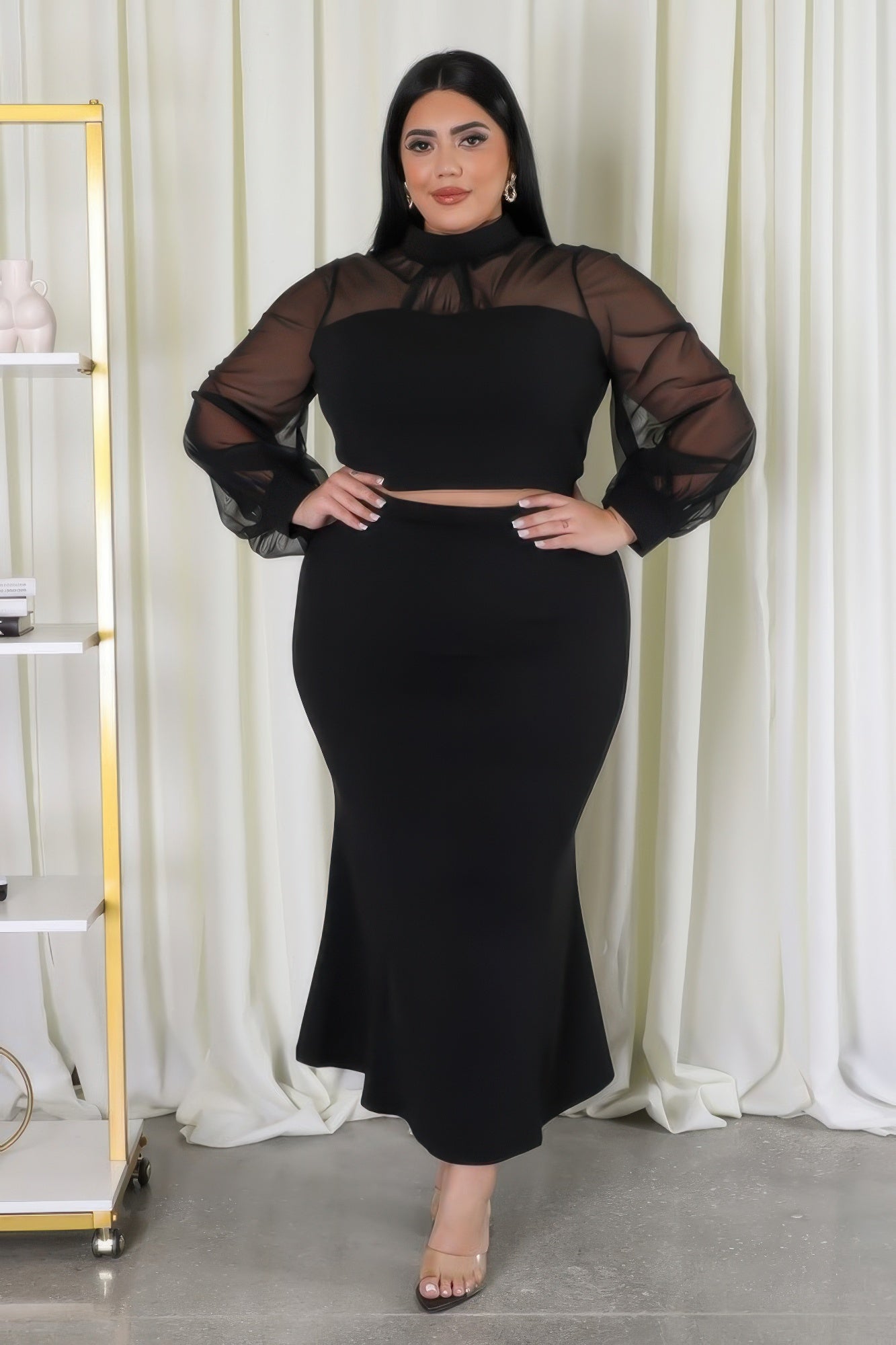 Black stretch skirt set: fitted long skirt with sheer long sleeves and cropped top overlay