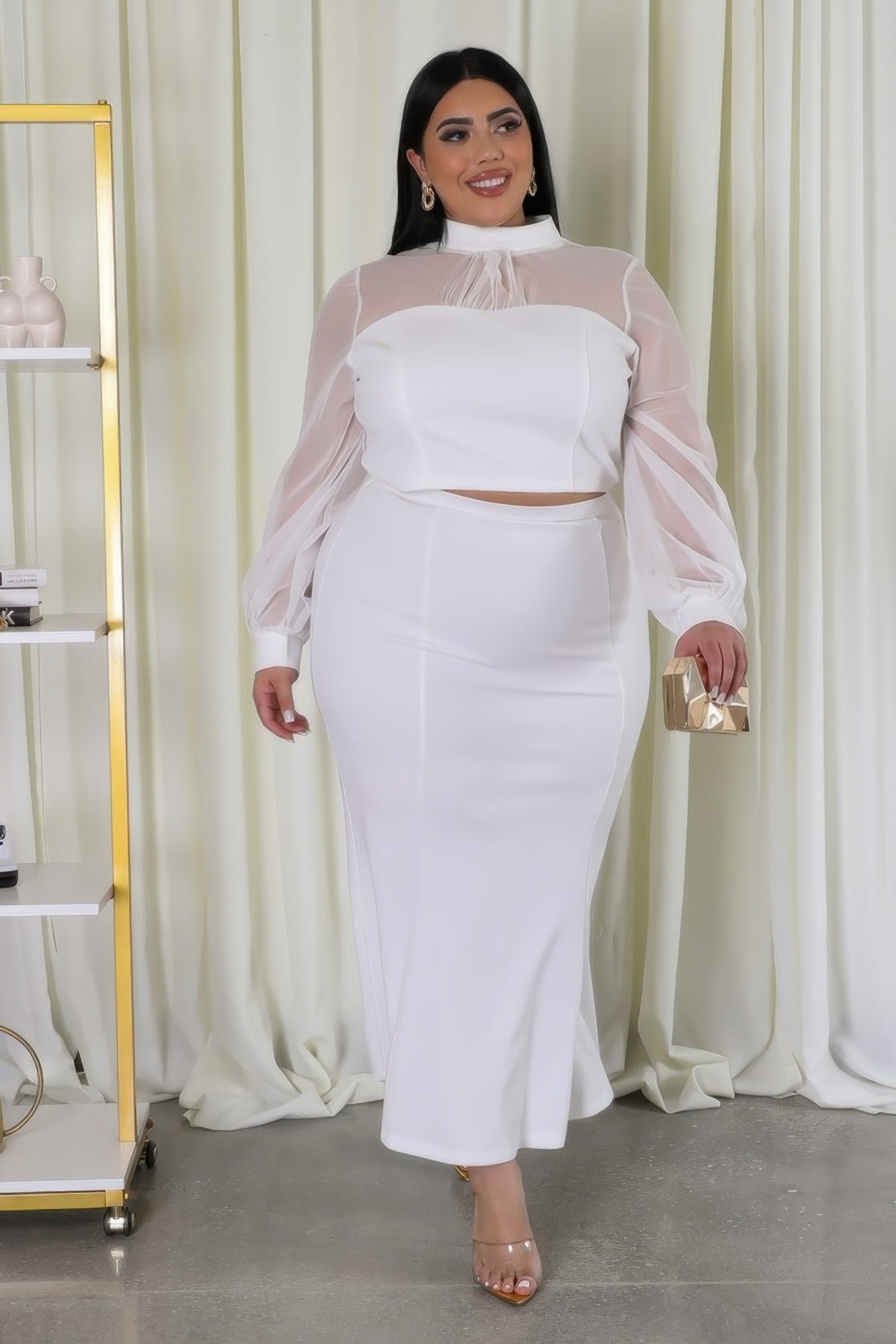 White stretch skirt set: pencil skirt with high neck sheer top and long flowing mesh sleeves