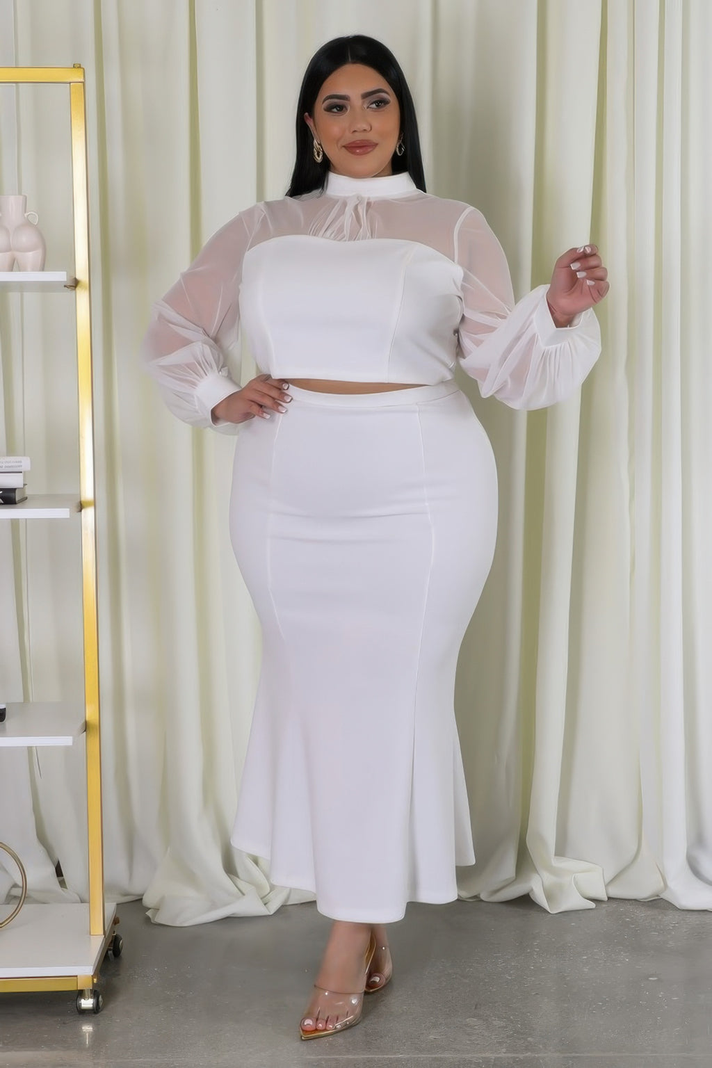 White stretch skirt set: fitted long skirt with cropped top and sheer long sleeves